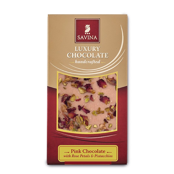Pink Chocolate with Rose petals and pistacchios
